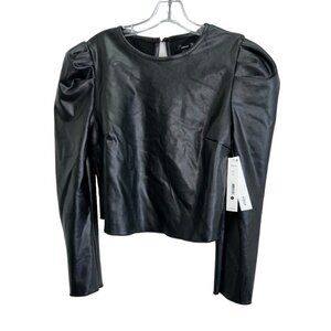 Aqua NEW NWT Black faux leather puff shirt sleeve shirt top L Hello Earl…